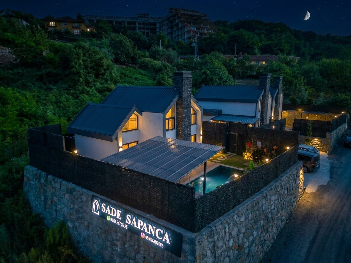 Sade Sapanca bungalovları, gece ışıklarıyla havadan görünüm